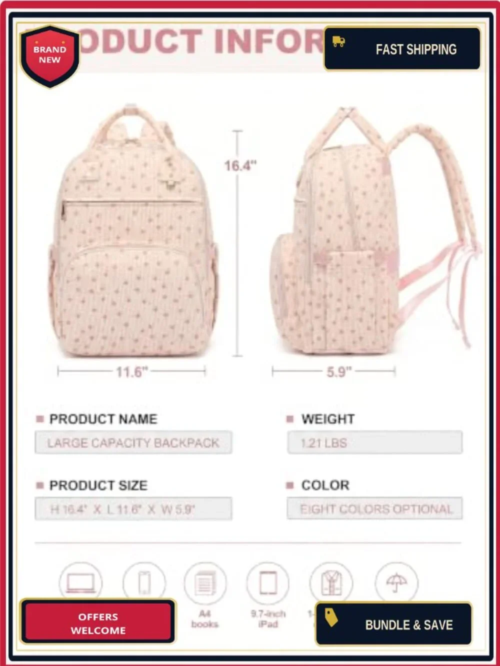 Corduroy Laptop Backpack for Women, 15.6-Inch Padded Compartment, Multi-Pocket